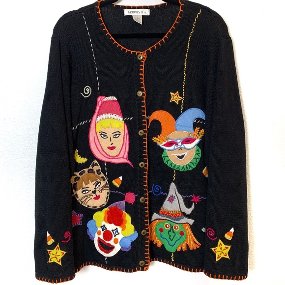 Arriviste Sweaters - Vintage Halloween Cardigan Sweater Large Black I Dream of Jeannie Witch Clown